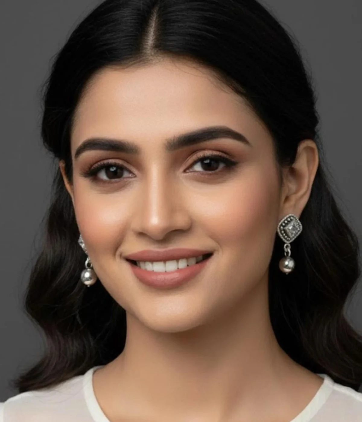 Pair of Oxidized Stud Drop Earrings (6.7 gm). Vintage style silver tone jewelry featuring a central Clear CZ Stone and silver bead dangle, displayed in a red velvet-lined wooden gift box.