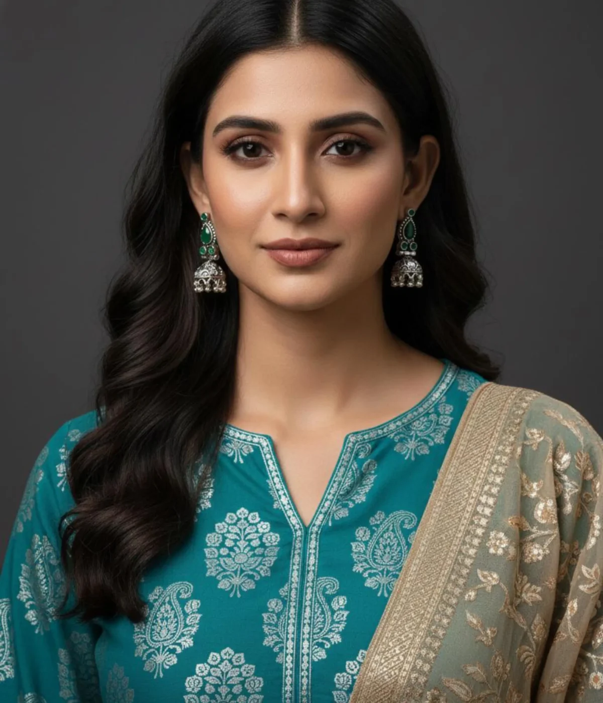 Traditional Oxidized Silver Jhumka Earrings (13.7 gm) being worn. Features a Green Teardrop Stone stud, bell-shaped base, and Pearl Drop clusters. Indian Ethnic Festive Jewelry.