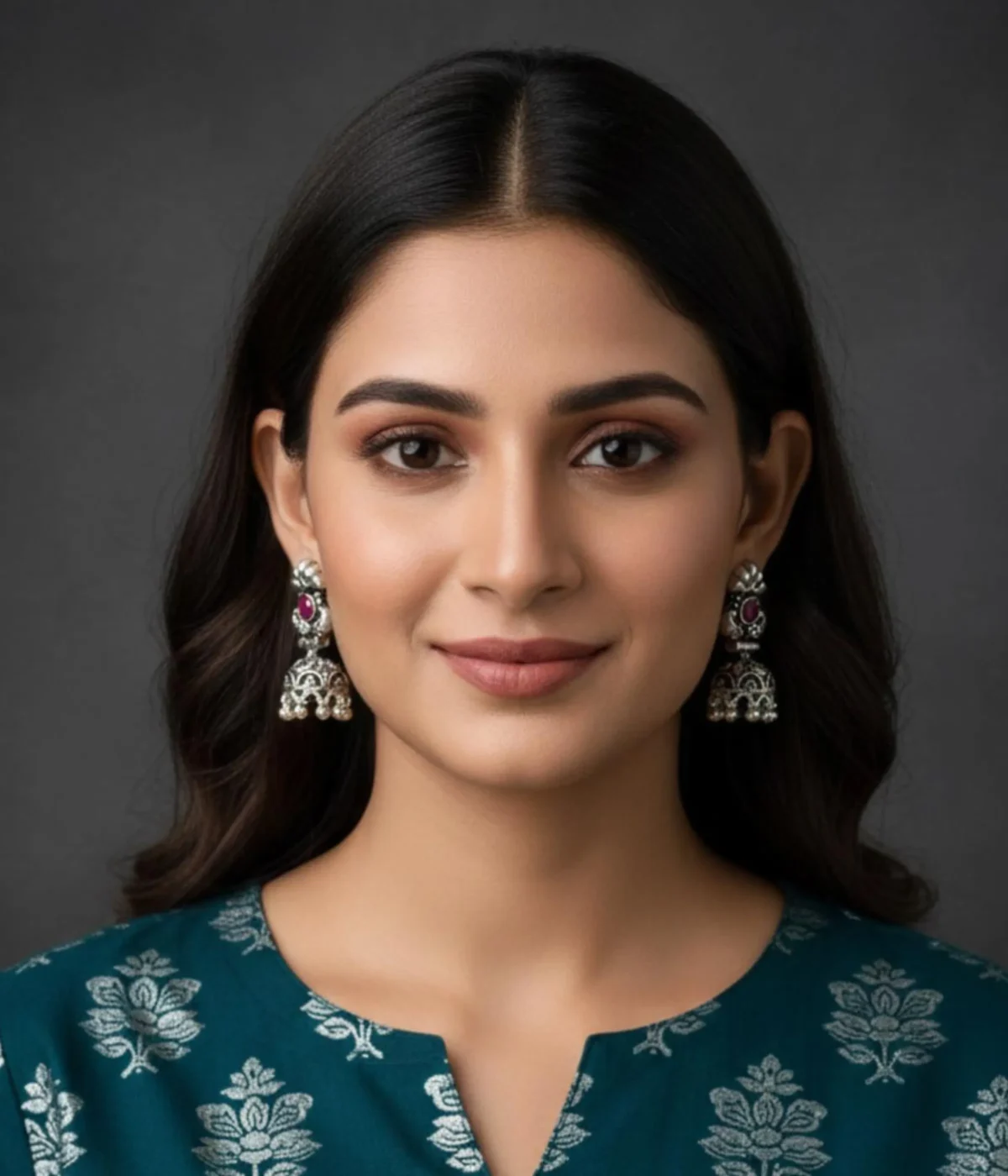 Small Oxidized Jhumki Earrings (10.5 gm) being worn. The Traditional Indian design features a Purple Stone stud and intricate Elephant Motif detail. Dainty Antique Silver jewelry.