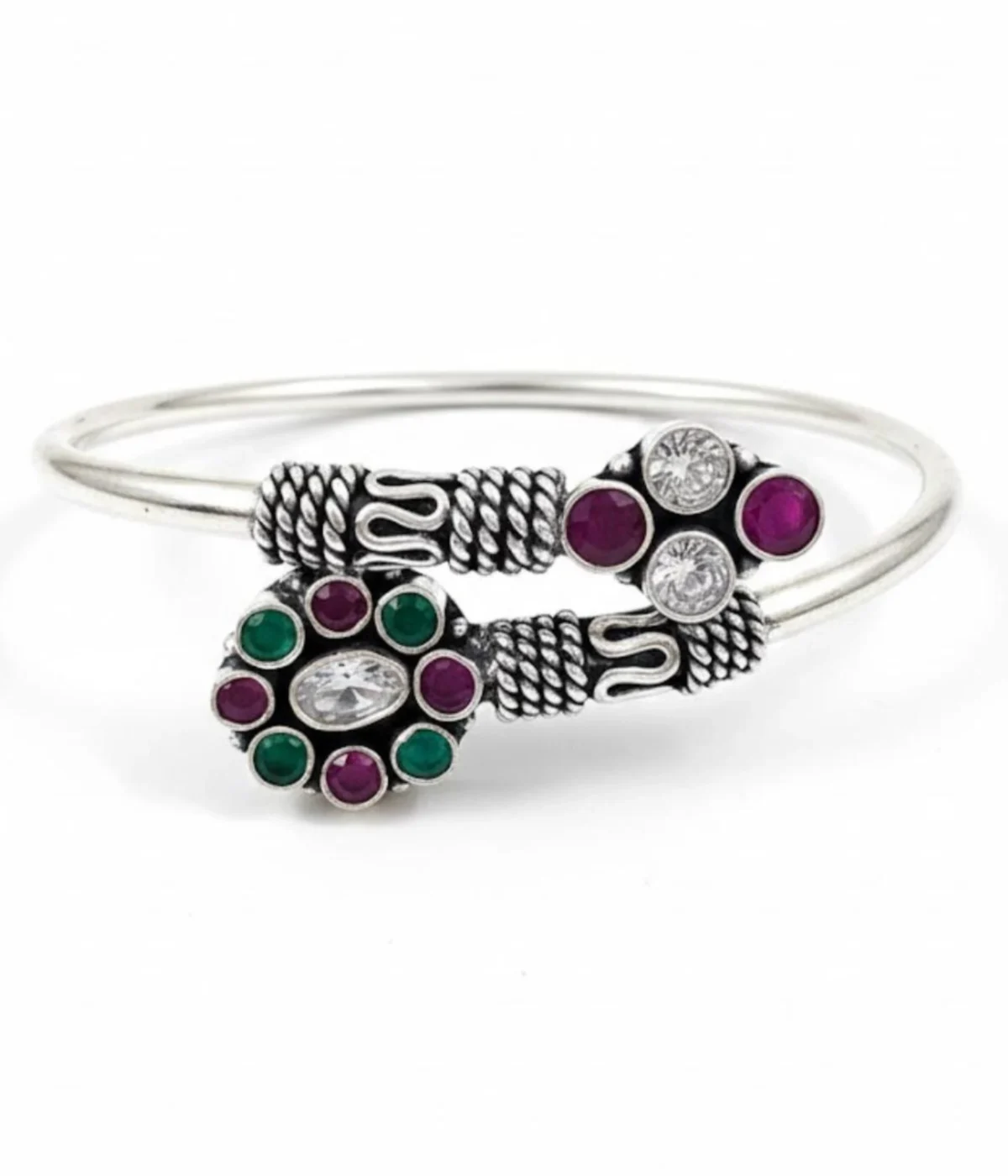 Handcrafted 17.1 gm oxidized silver floral stone bracelet featuring a vibrant emerald green and ruby maroon dual-flower design