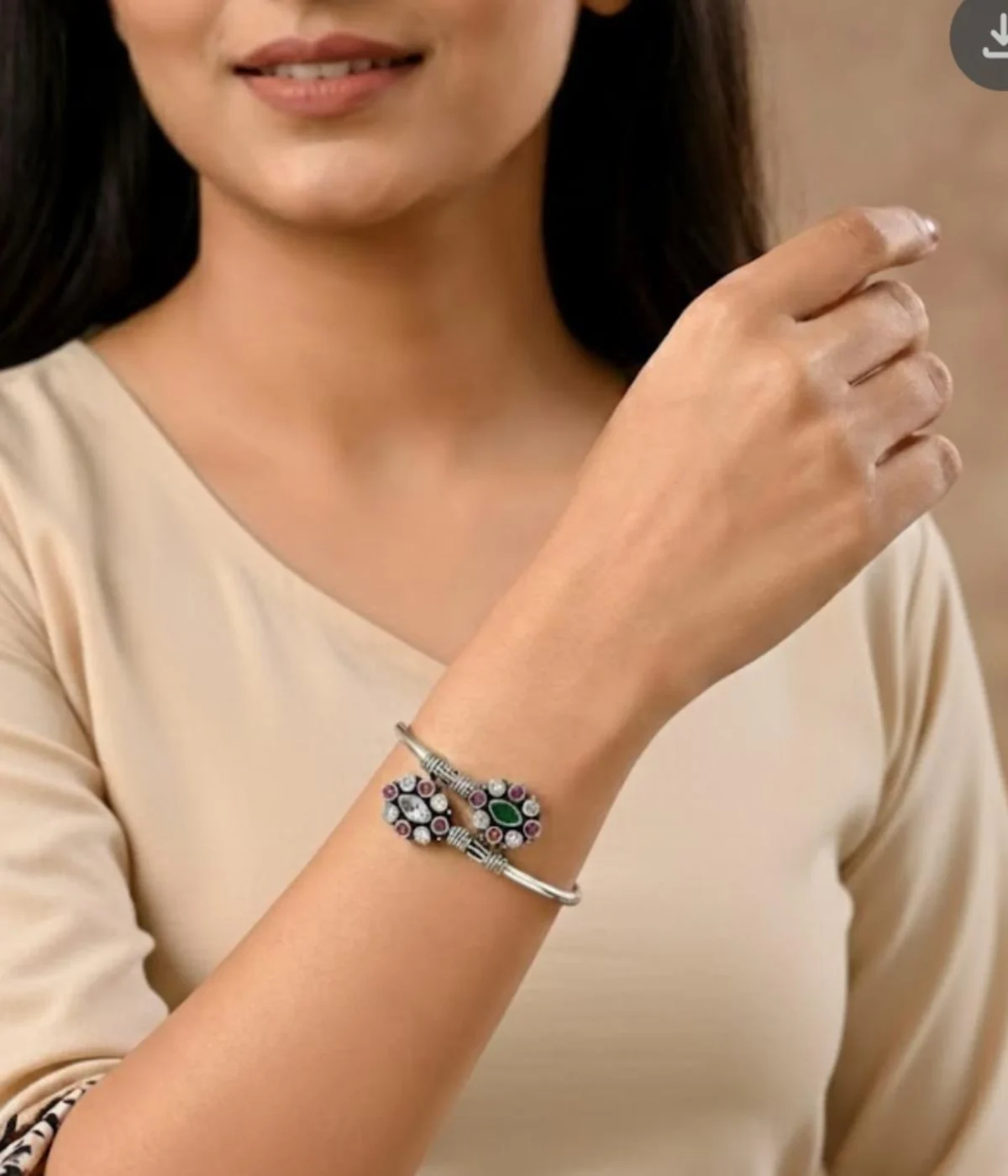 Premium 16.3 gm oxidized silver floral stone bracelet featuring a vibrant emerald green and ruby-maroon dual-flower design on a white background.