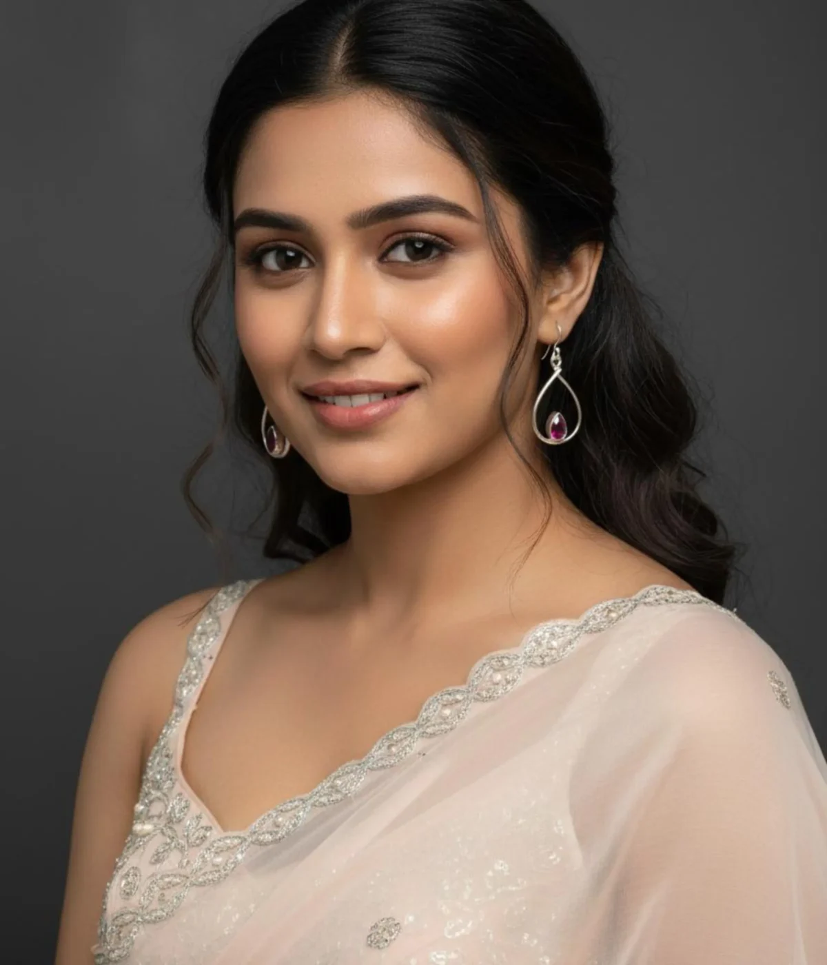 Pair of Minimalist Ruby Teardrop Hook Earrings (3.5 gm). Simple Sterling Silver dangles featuring a Pink Stone accent, presented in an open dark wood jewelry gift box.