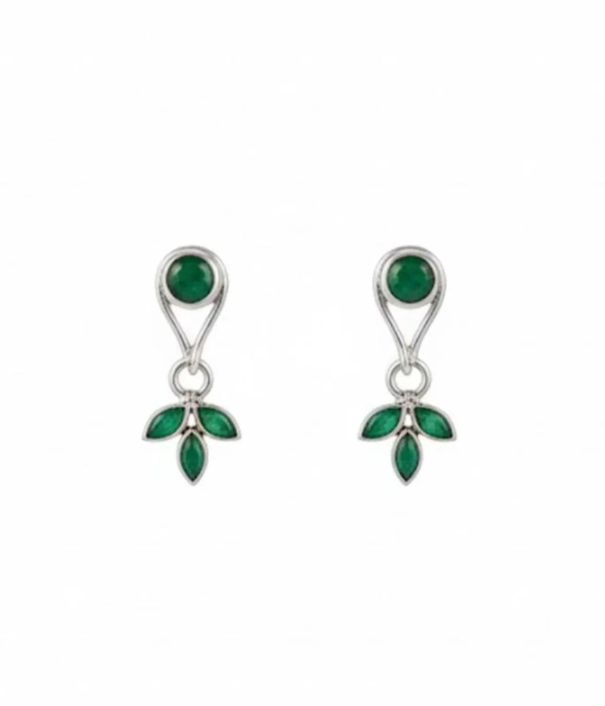 Pair of Minimalist Silver Leaf Drop Earrings (4.15 gm). Nature-inspired design featuring a Green Emerald Stone stud and a three-leaf dangle.