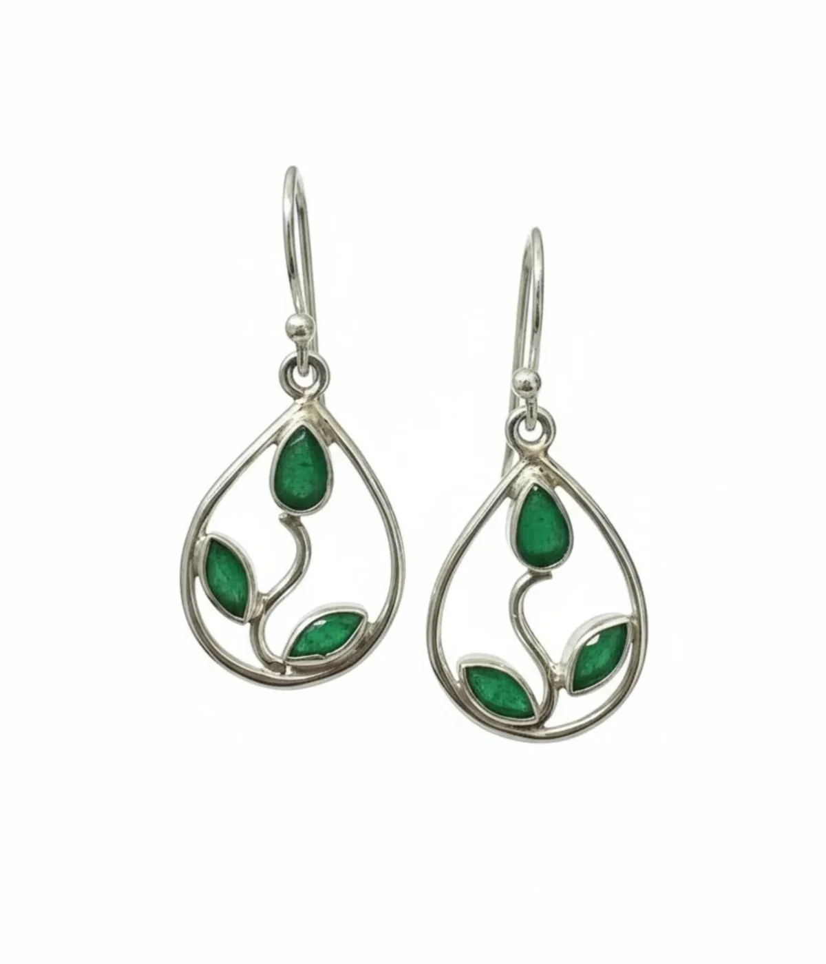 Pair of Minimalist Silver Teardrop Hook Earrings (2.7 gm). Nature-inspired open design with a Green Leaf Inlay accent.