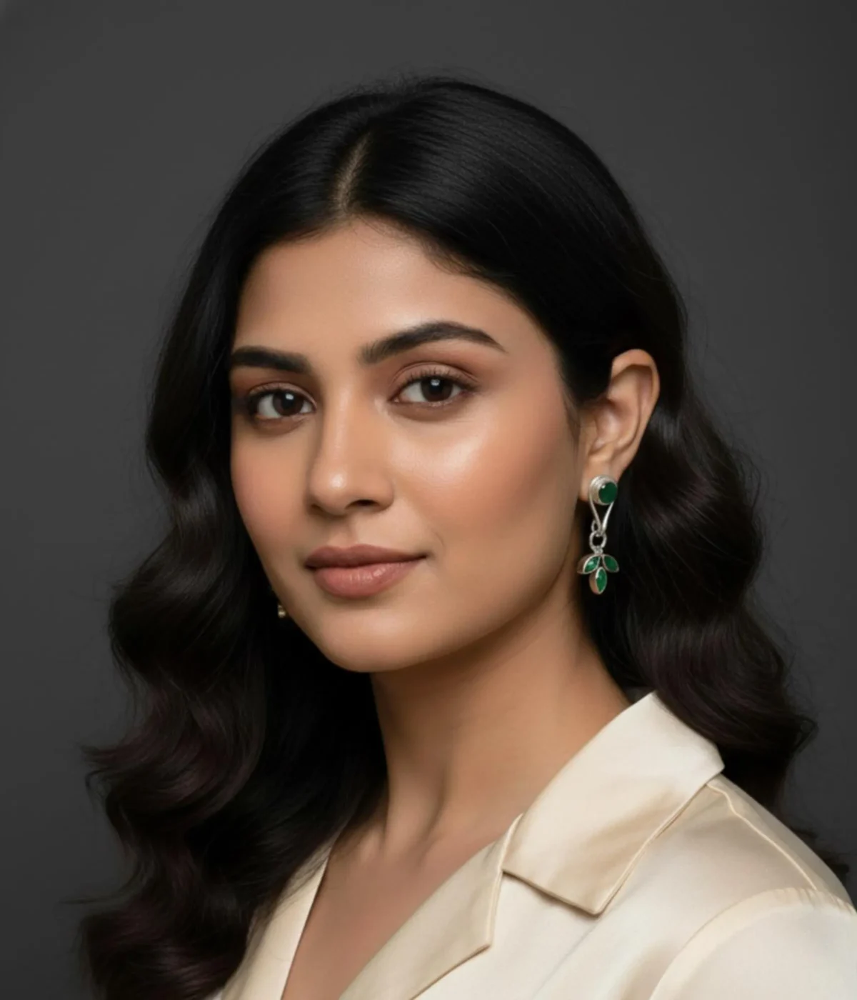 Pair of Minimalist Silver Leaf Drop Earrings (4.15 gm). Nature-inspired design featuring a Green Emerald Stone stud and a three-leaf dangle.