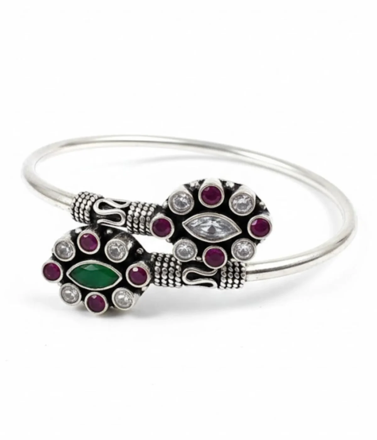 Premium 16.3 gm oxidized silver floral stone bracelet featuring a vibrant emerald green and ruby-maroon dual-flower design on a white background.