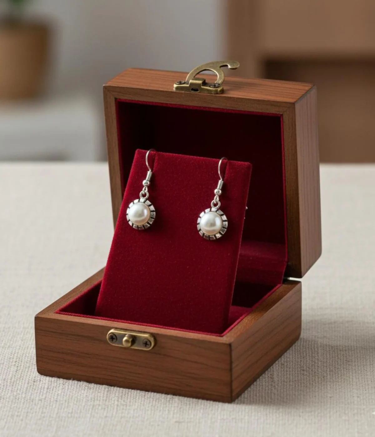Pair of Vintage Style Pearl Drop Earrings (2.7 gm). Round pearl set in an ornate silver bezel, displayed on a red velvet stand inside a wooden gift box.