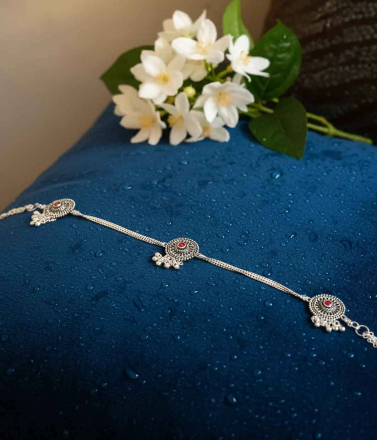 Set of three 33.6g antique silver kurta buttons with red stones and dangling ghungroo beads on black silk background.