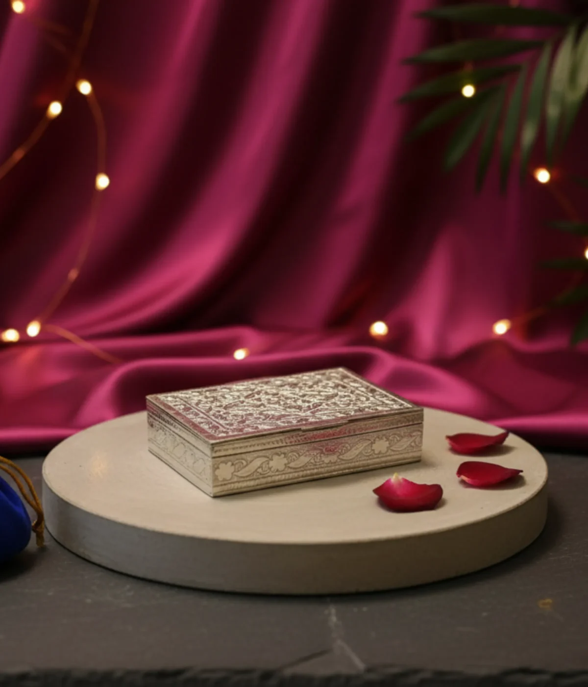 Handcrafted 24.5g antique silver Sindoor Dani with intricate floral engravings and a conical lid for traditional Indian weddings.