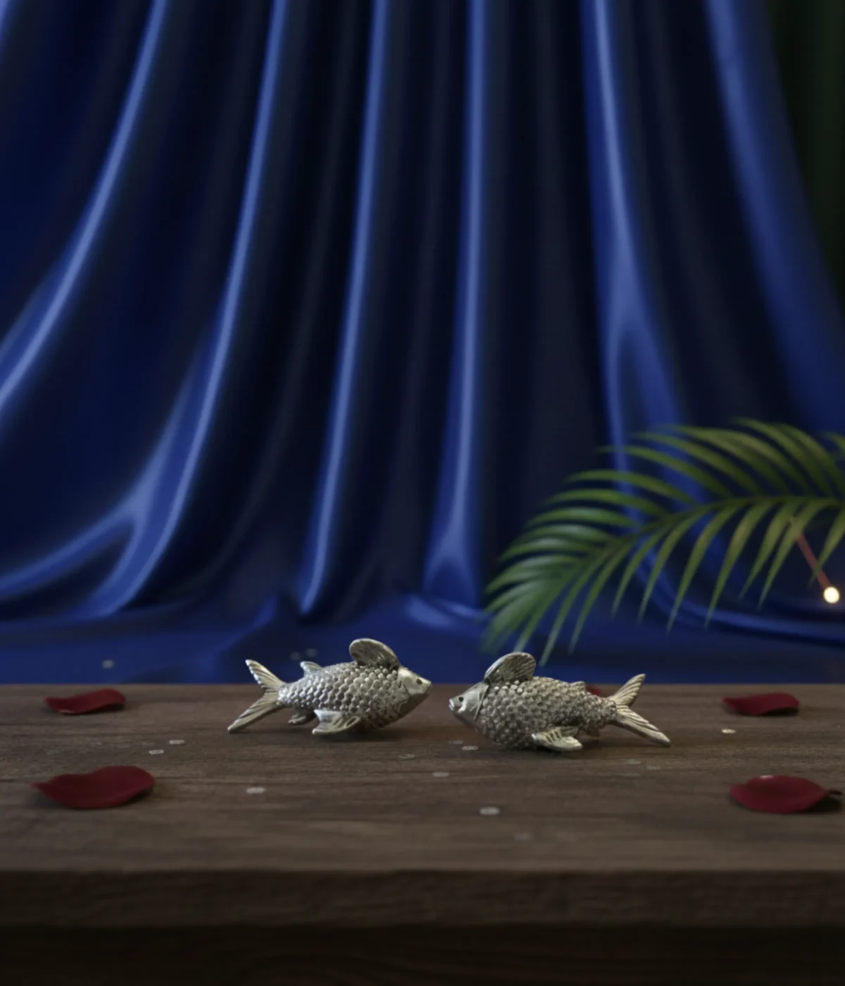 Pair of 28.6g silver fishes with detailed scales and fins for Vastu and wedding gifting.