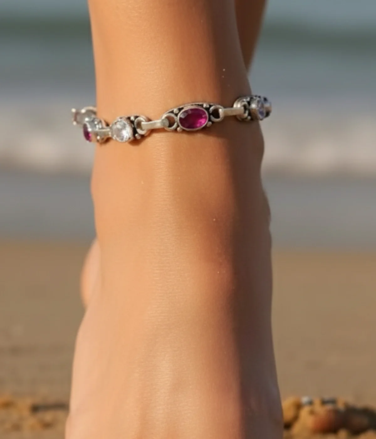 30.8g Oxidized Silver Floral Anklet with White Zirconia Stones and Antique Tribal Engravings.