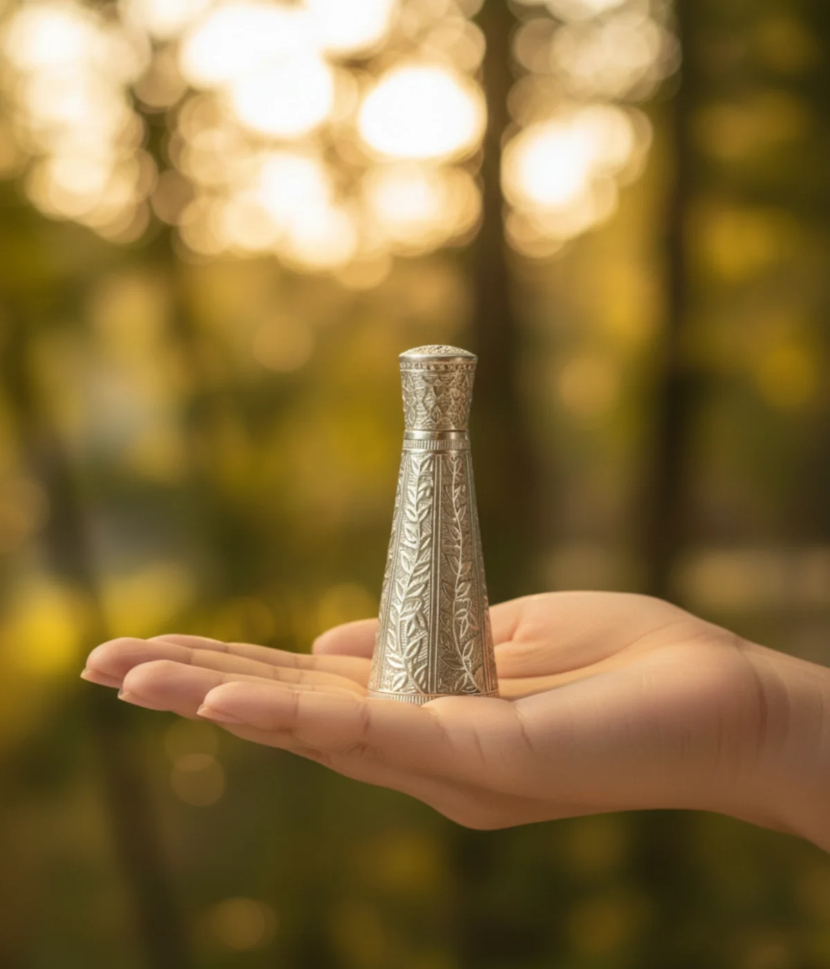 Handcrafted 24.5g silver sindoor dani with antique floral engravings and a conical lid for traditional weddings.