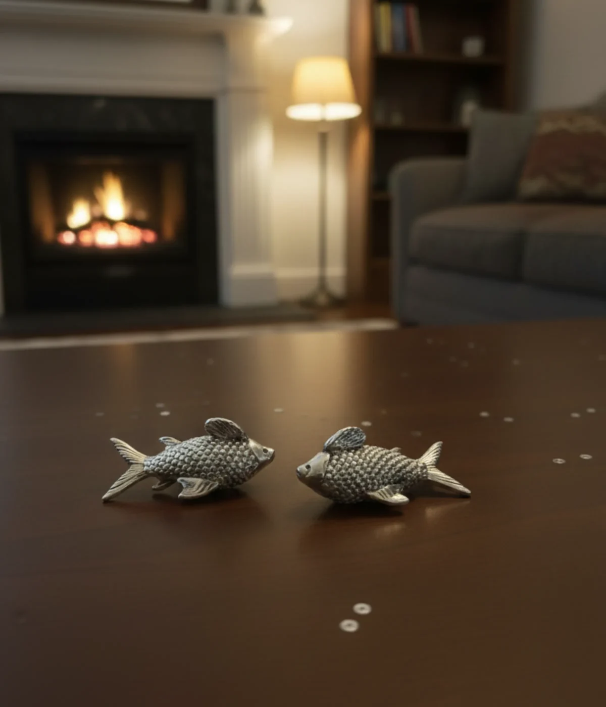 Pair of 28.6g silver fishes with detailed scales and fins for Vastu and wedding gifting.