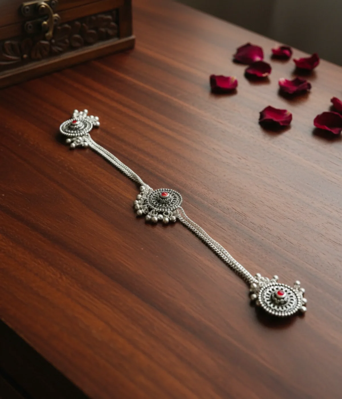 Set of three 33.6g antique silver kurta buttons with red stones and dangling ghungroo beads on black silk background.