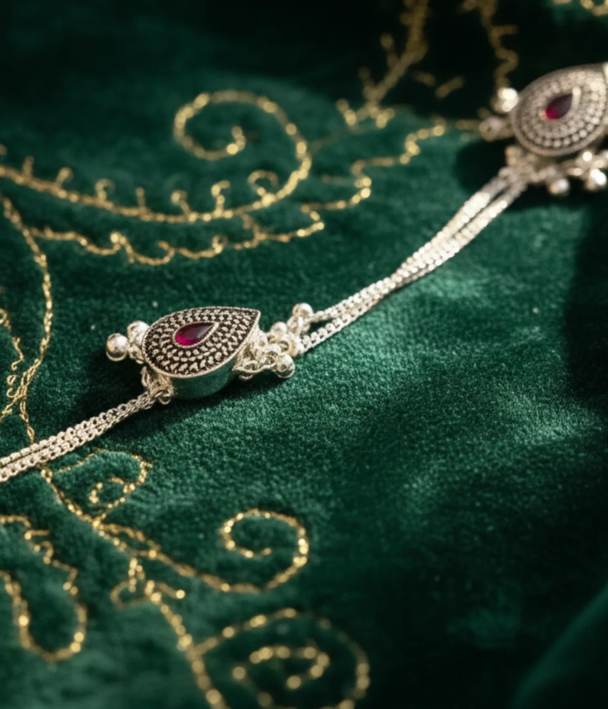 Set of four 30.4g teardrop-shaped antique silver kurta buttons with red stones and dangling beads.