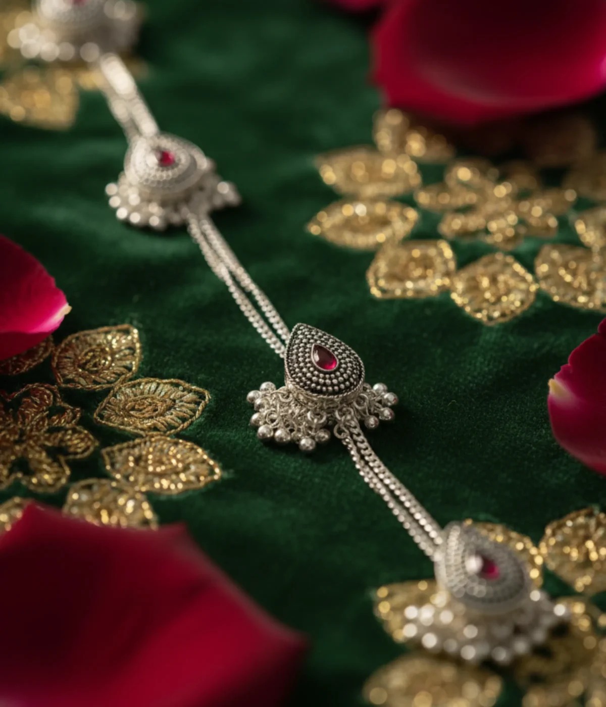 Set of four 30.4g teardrop-shaped antique silver kurta buttons with red stones and dangling beads.