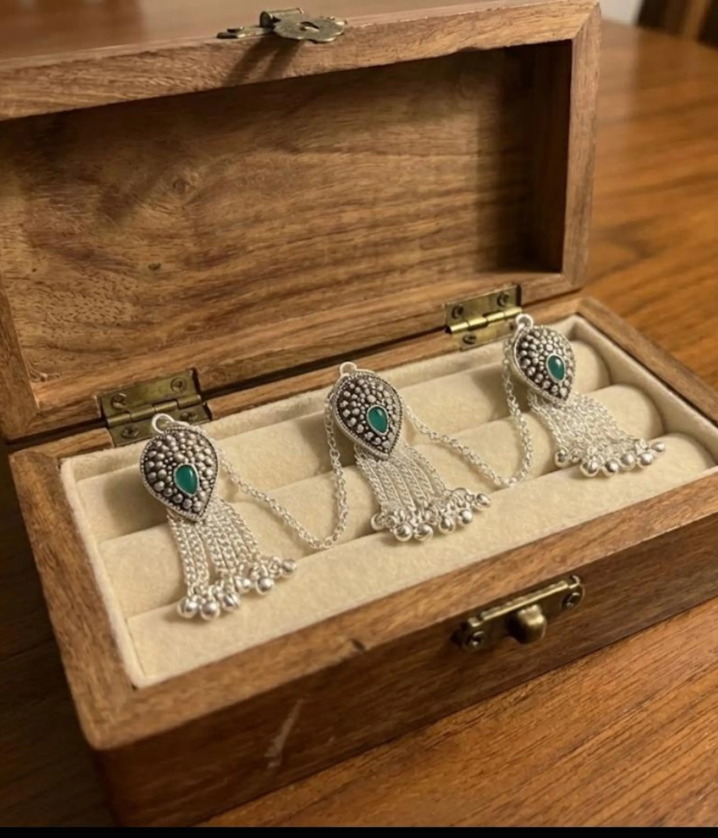 Handcrafted 29.6g sterling silver kurta button chain featuring three antique floral-motif buttons linked in a straight vertical row with a delicate silver chain