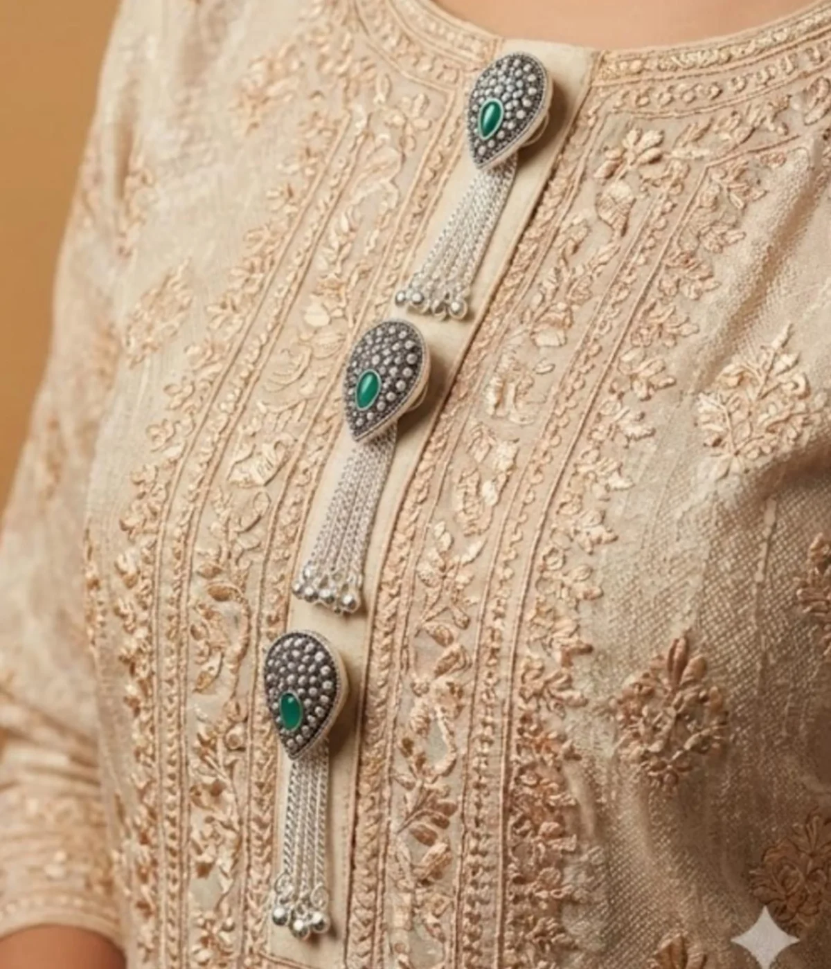 Handcrafted 29.6g sterling silver kurta button chain featuring three antique floral-motif buttons linked in a straight vertical row with a delicate silver chain