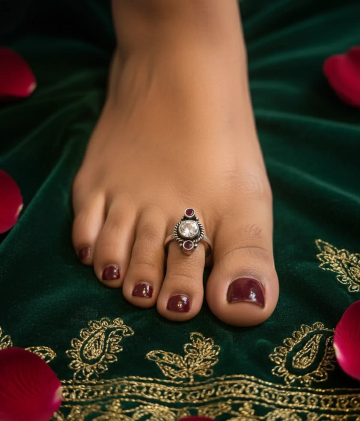 Pair of 6.3g handcrafted sterling silver toe rings with adjustable floral design on a traditional background.
