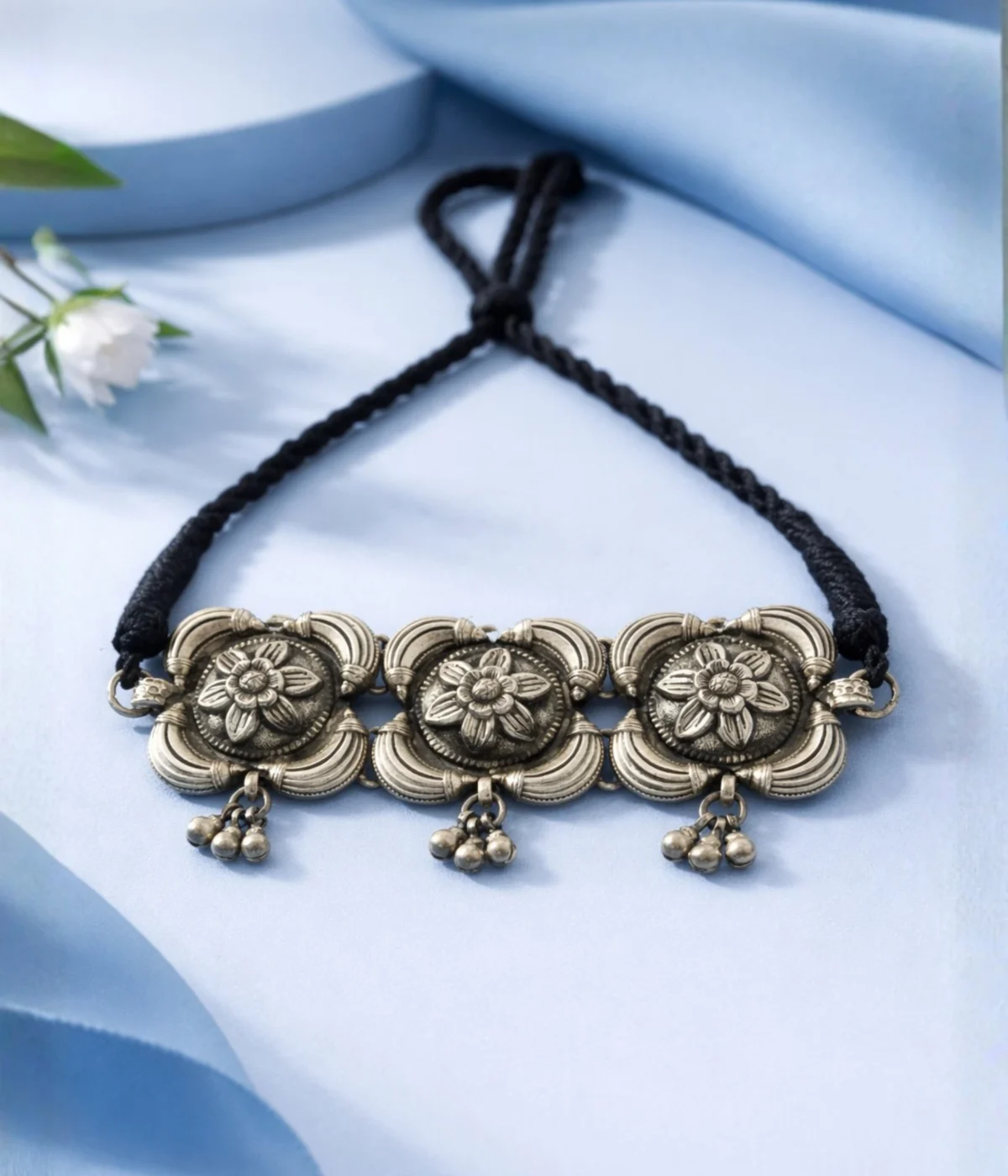 Trio Bloom | Pushpika Ghungroo Silver Choker Necklace (A-181)