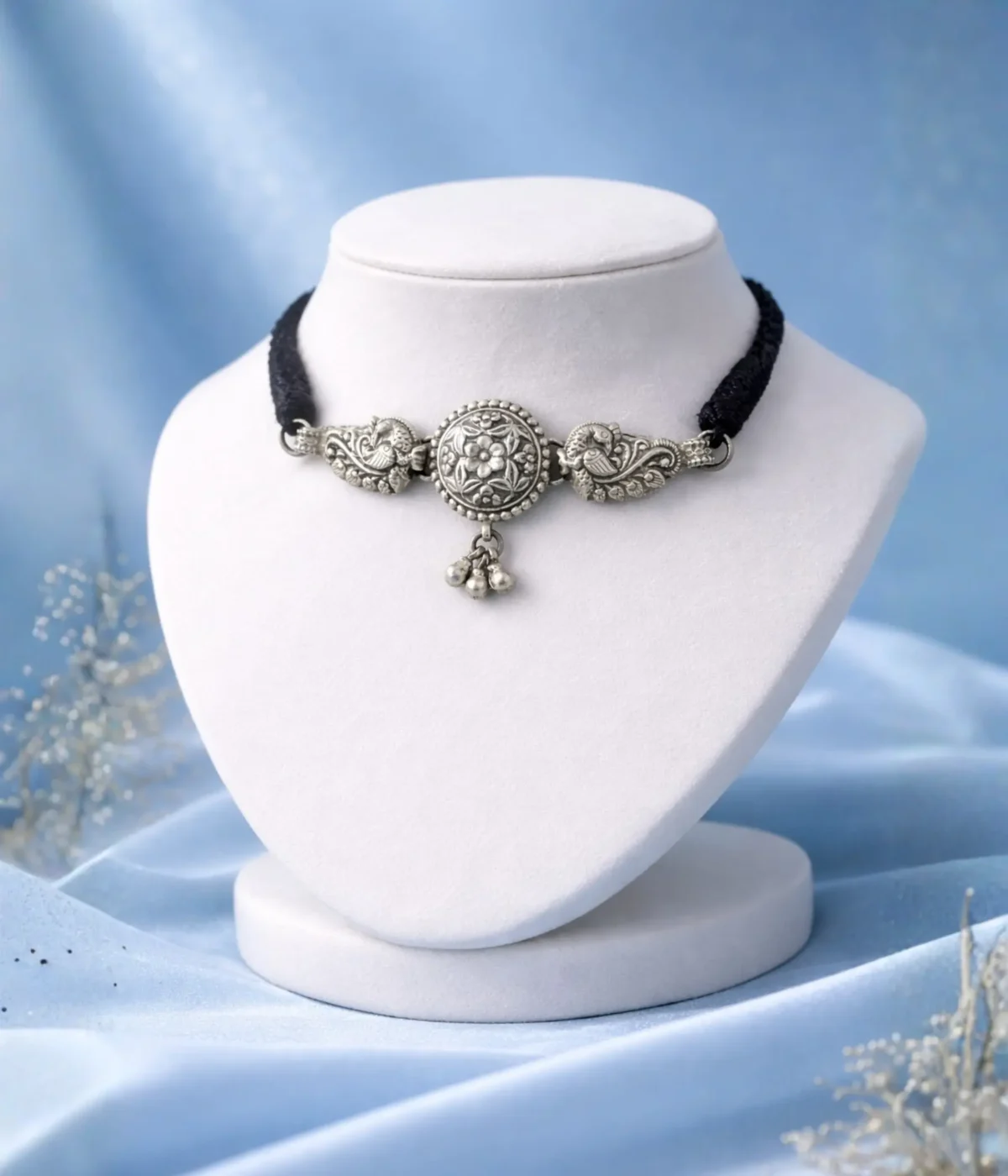 Mayura Pushpa Ghungroo Silver Choker Necklace (A-183)