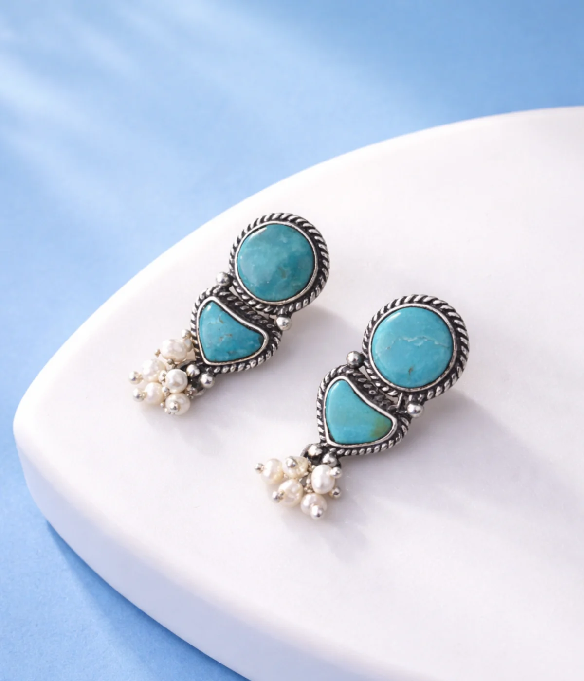 Rajvanshi Turquoise Pearl Silver Earrings (A-226)