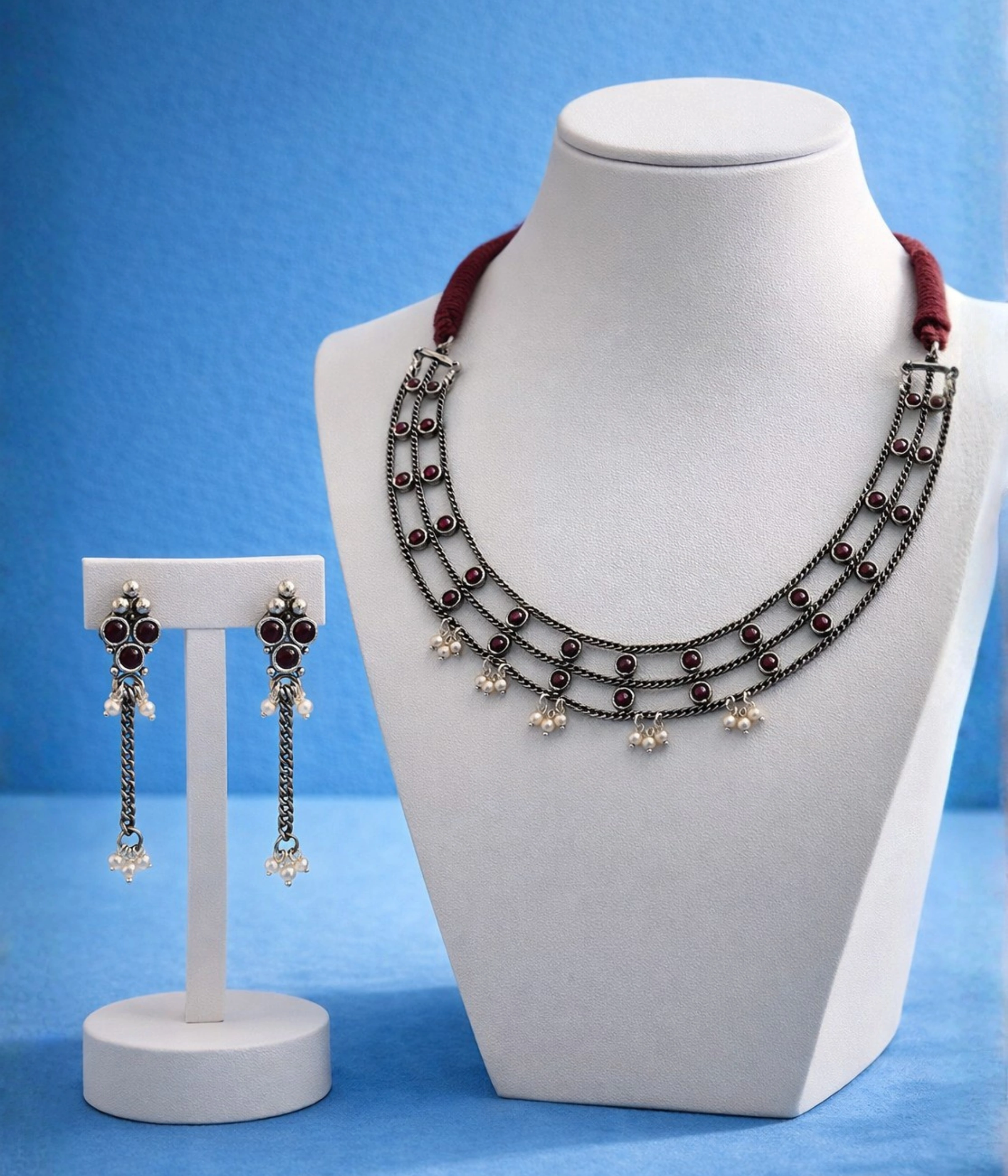 Red Stone Oxidised Silver Necklace and Earring Set (A-233)