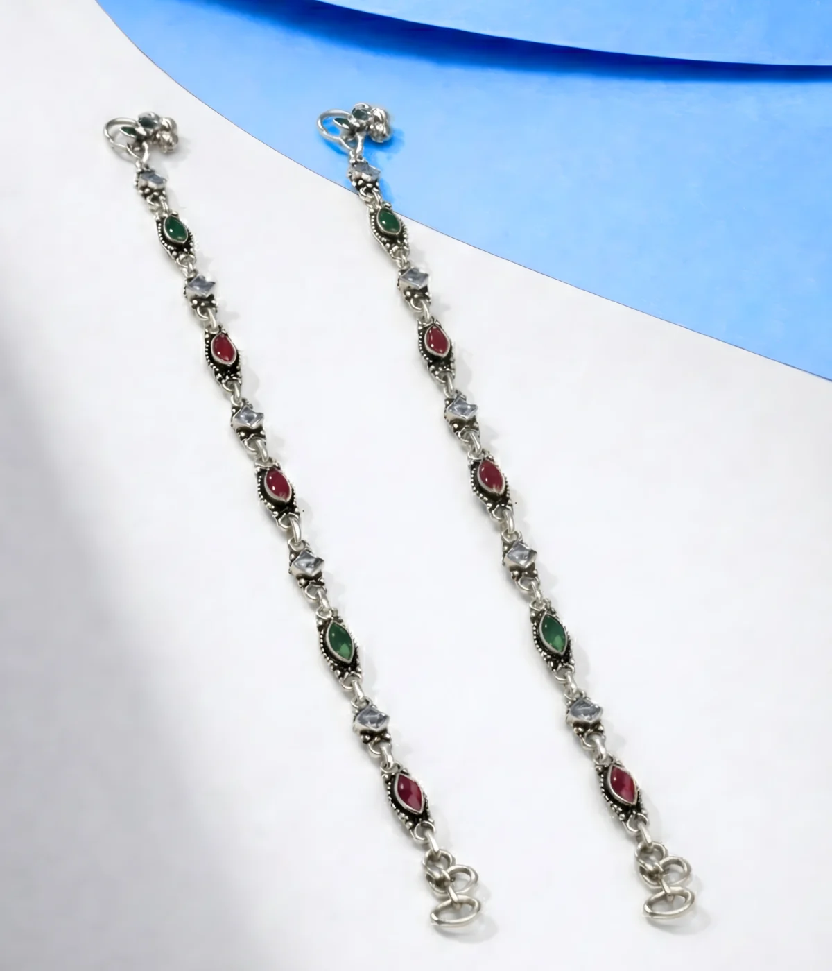 Traditional Silver Green & Red Stone Anklet Pair (A-157)