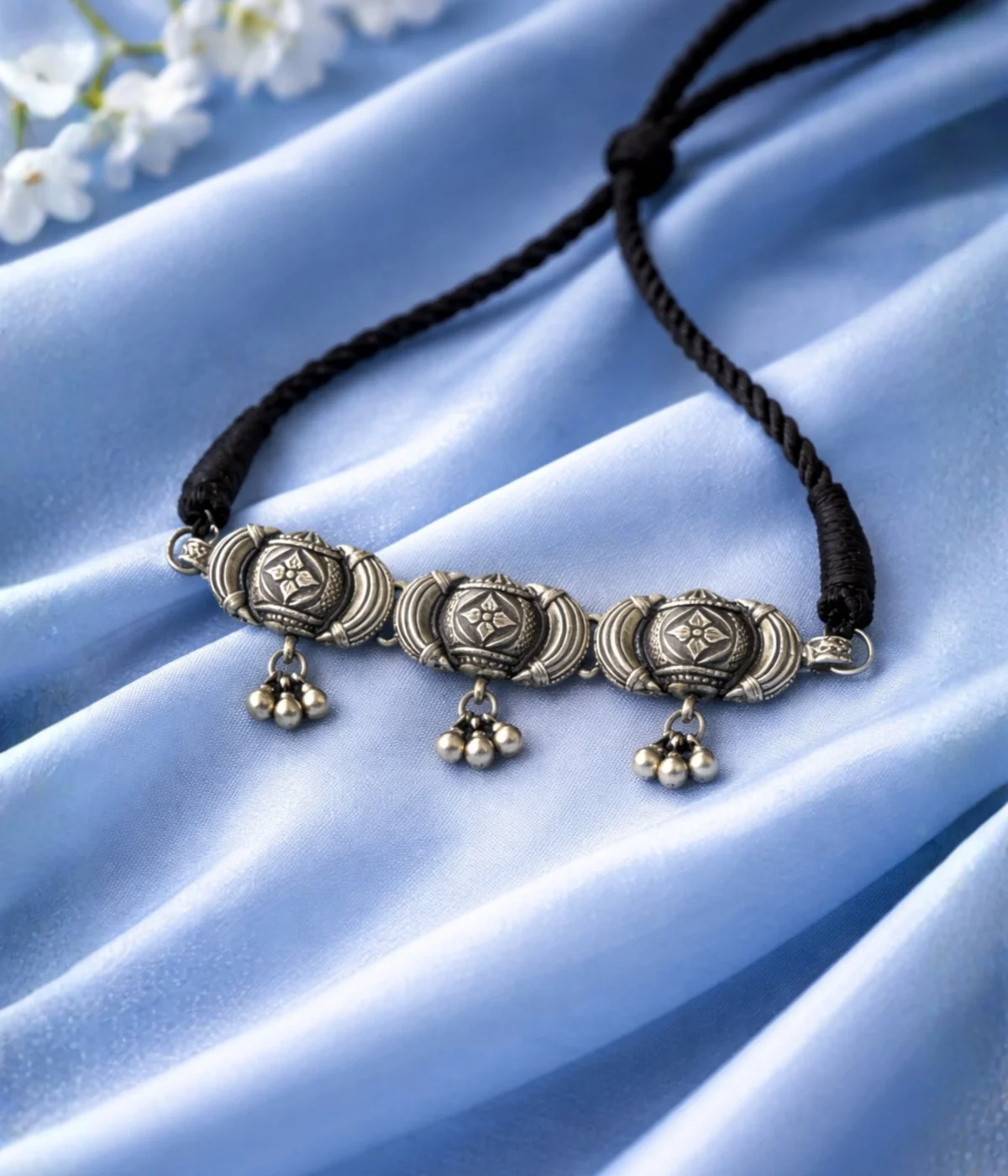 Trio Bloom Silver Ghungroo Choker Necklace (A-182)