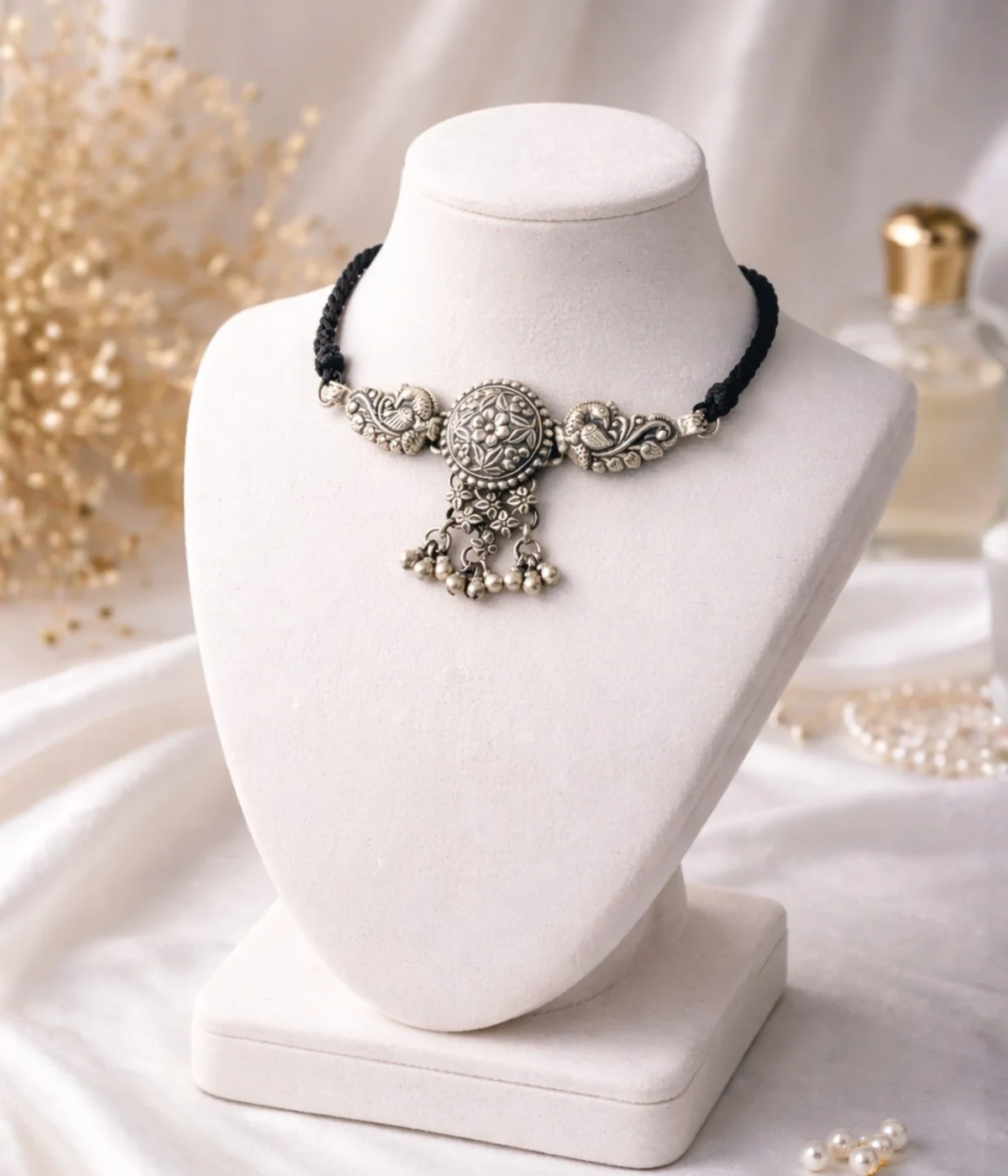 Mayura Pushpa Silver Choker Necklace | Peacock & Floral Motifs (A-180)