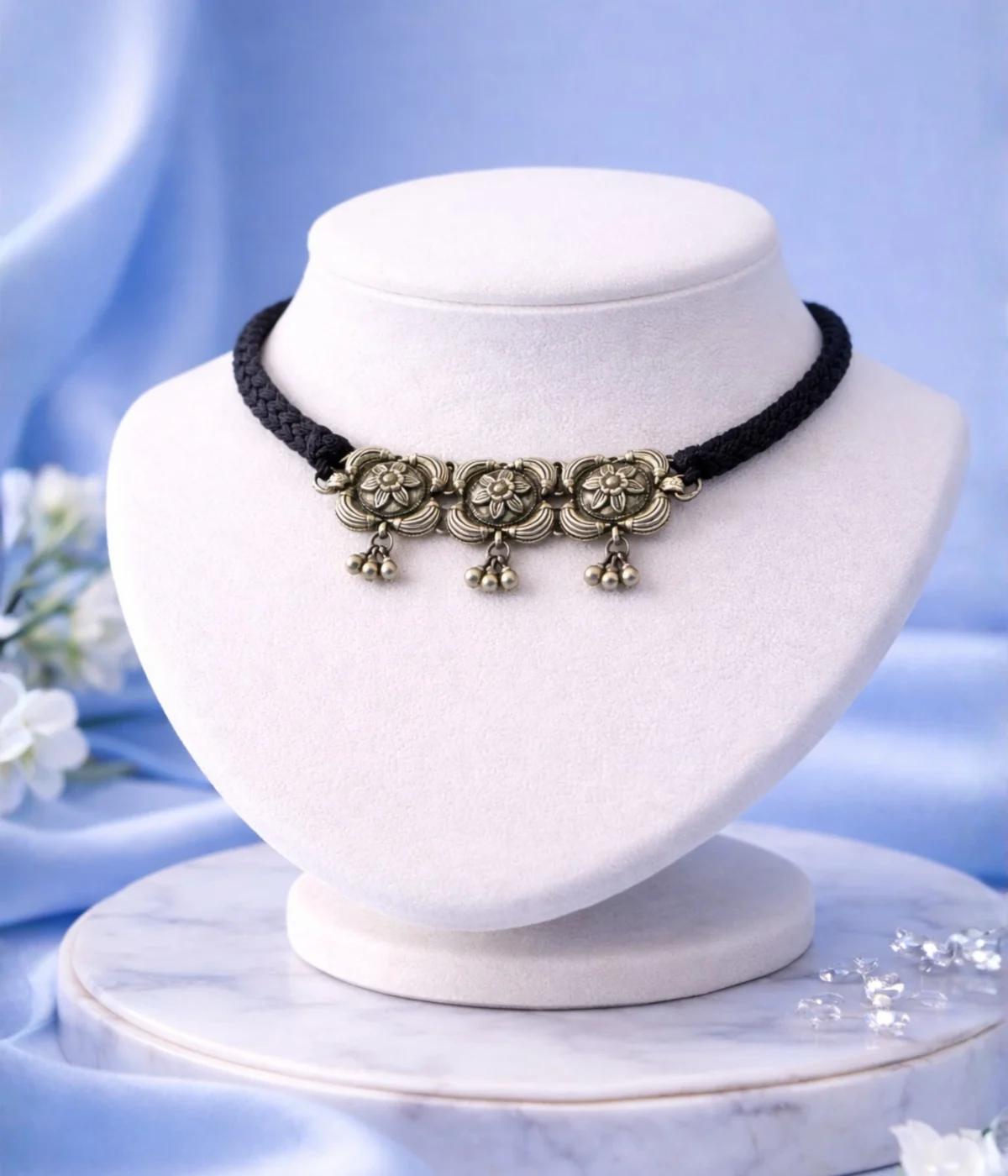 Trio Bloom | Pushpika Ghungroo Silver Choker Necklace (A-181)