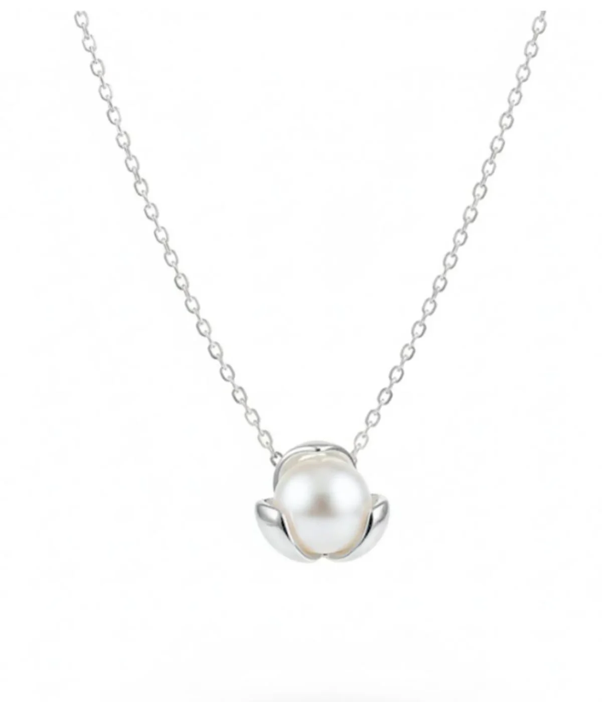 Silver plated necklace with freshwater pearl pendant in minimalist floral setting on chain