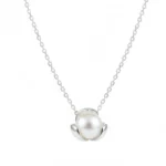 Silver plated necklace with freshwater pearl pendant in minimalist floral setting on chain