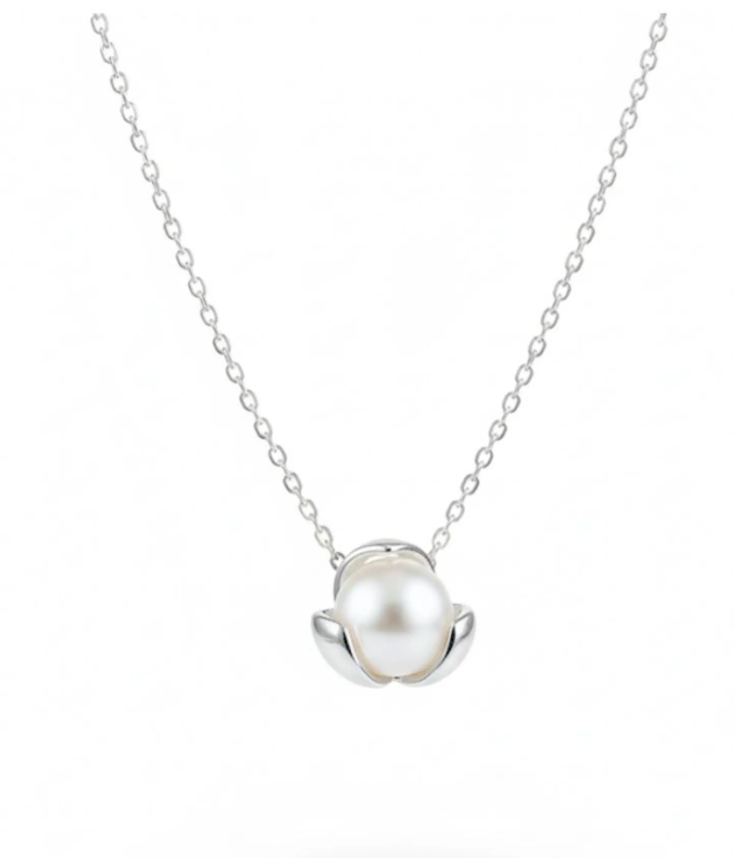 Silver plated necklace with freshwater pearl pendant in minimalist floral setting on chain