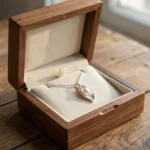 Silver plated necklace with pearl in leaf shaped pendant on delicate chain