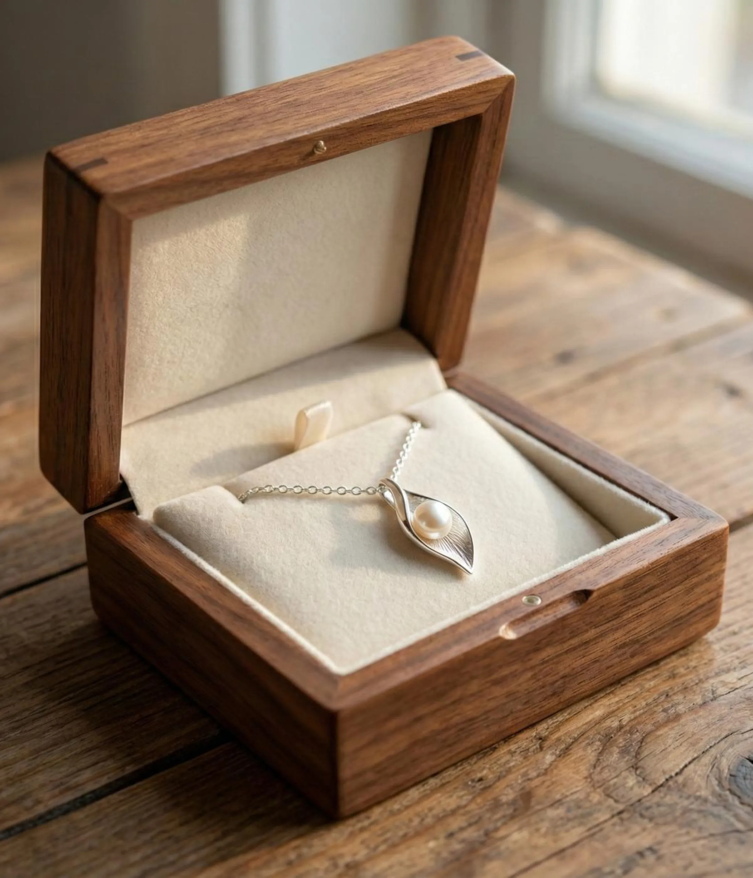 Silver plated necklace with pearl in leaf shaped pendant on delicate chain