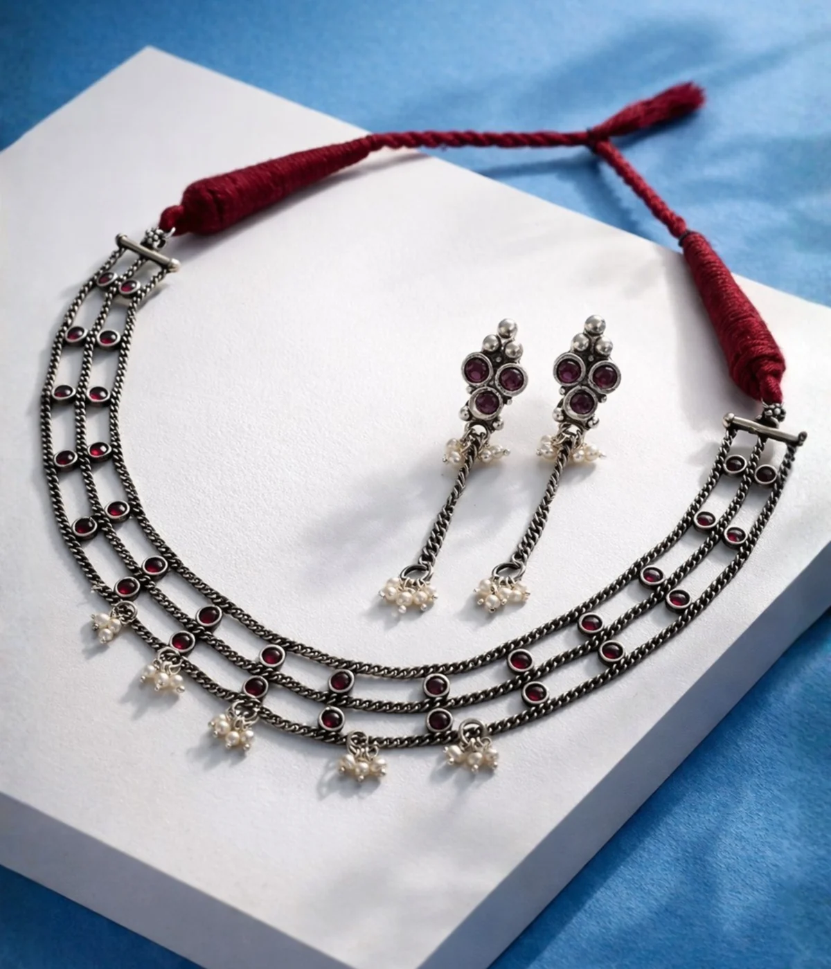 Red Stone Oxidised Silver Necklace and Earring Set (A-233)