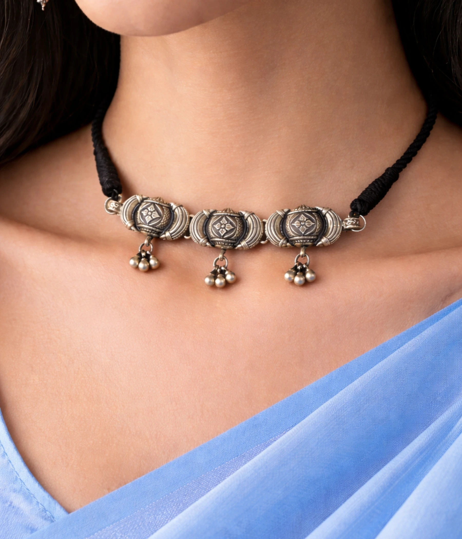 Trio Bloom Silver Ghungroo Choker Necklace (A-182)