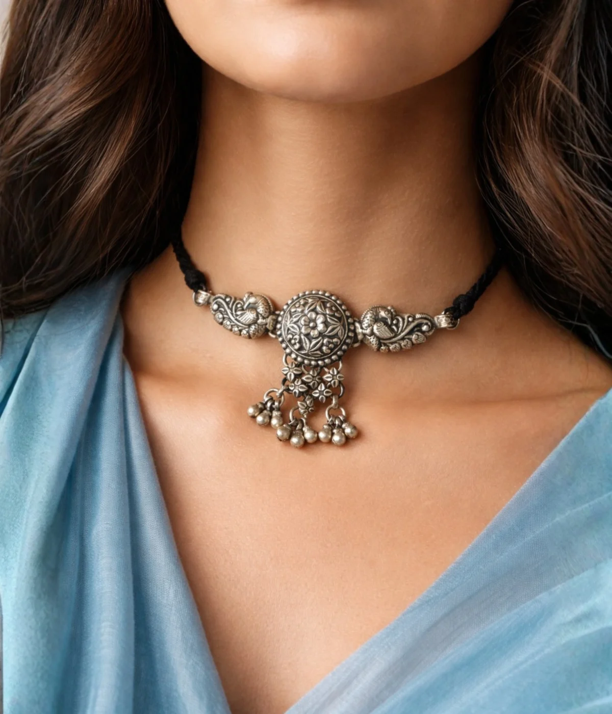 Mayura Pushpa Silver Choker Necklace | Peacock & Floral Motifs (A-180)