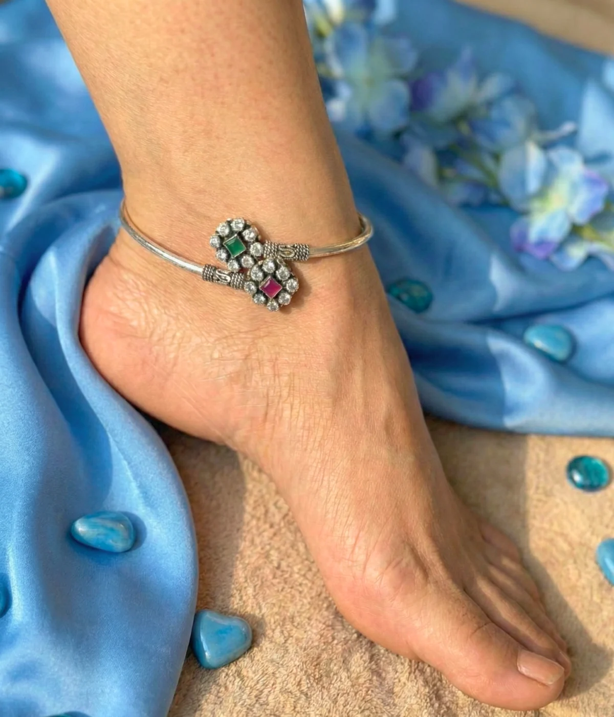 Royal Dual Gem Silver Kada Anklet (A-161)