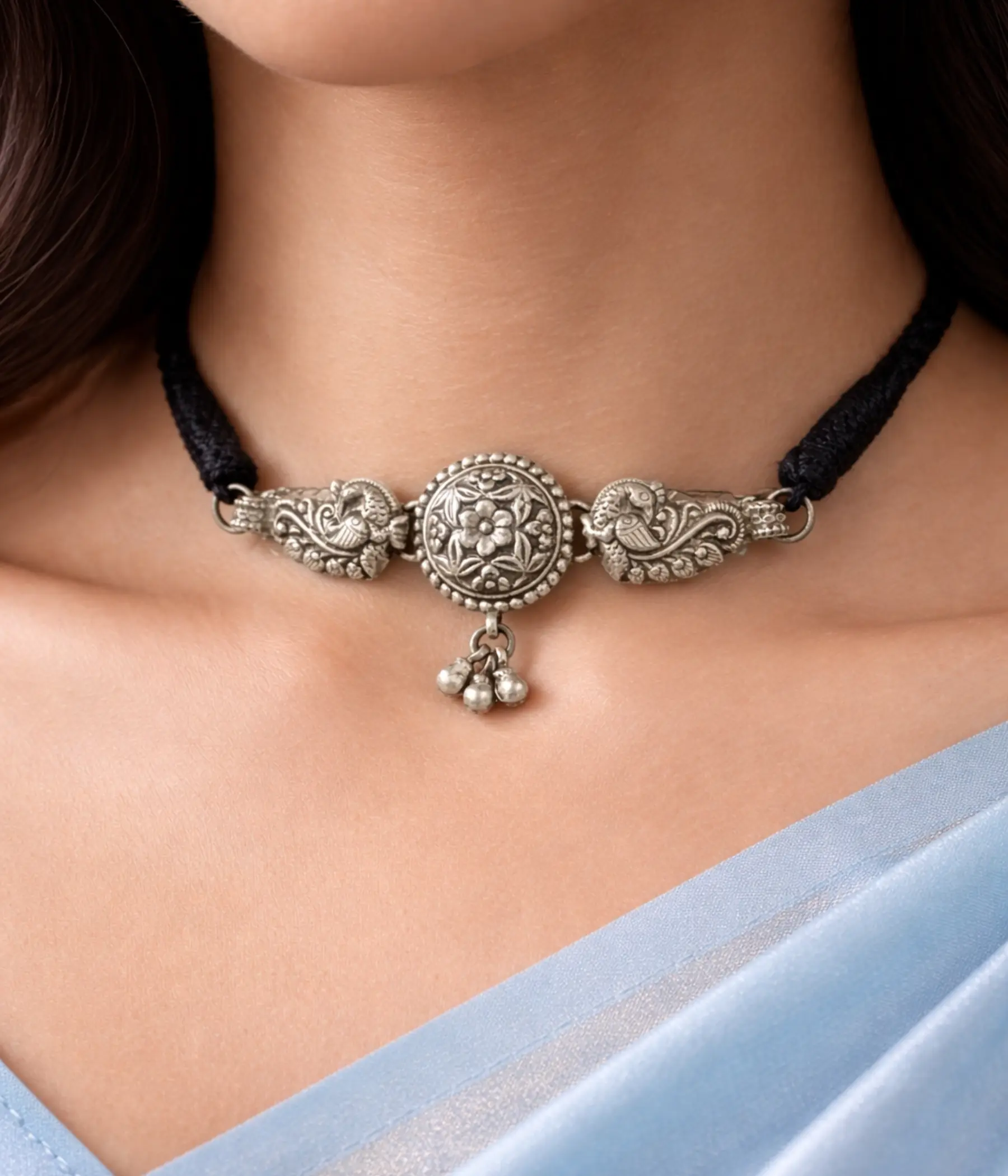 Mayura Pushpa Ghungroo Silver Choker Necklace (A-183)
