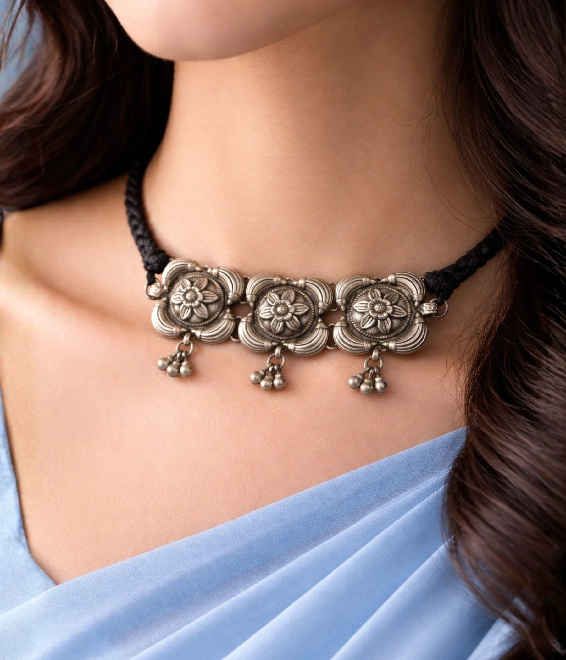 Trio Bloom | Pushpika Ghungroo Silver Choker Necklace (A-181)