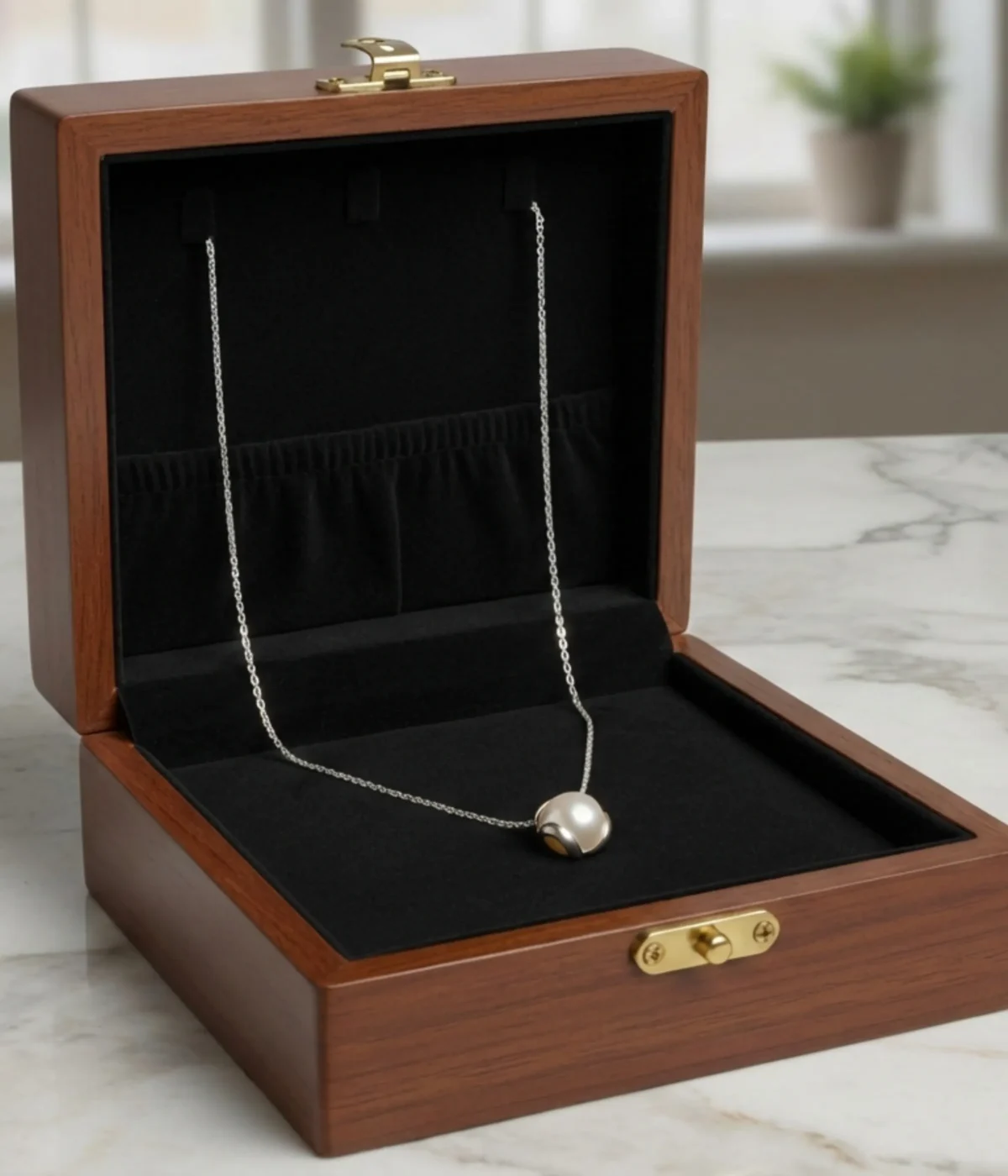 Silver plated necklace with freshwater pearl pendant in minimalist floral setting on chain