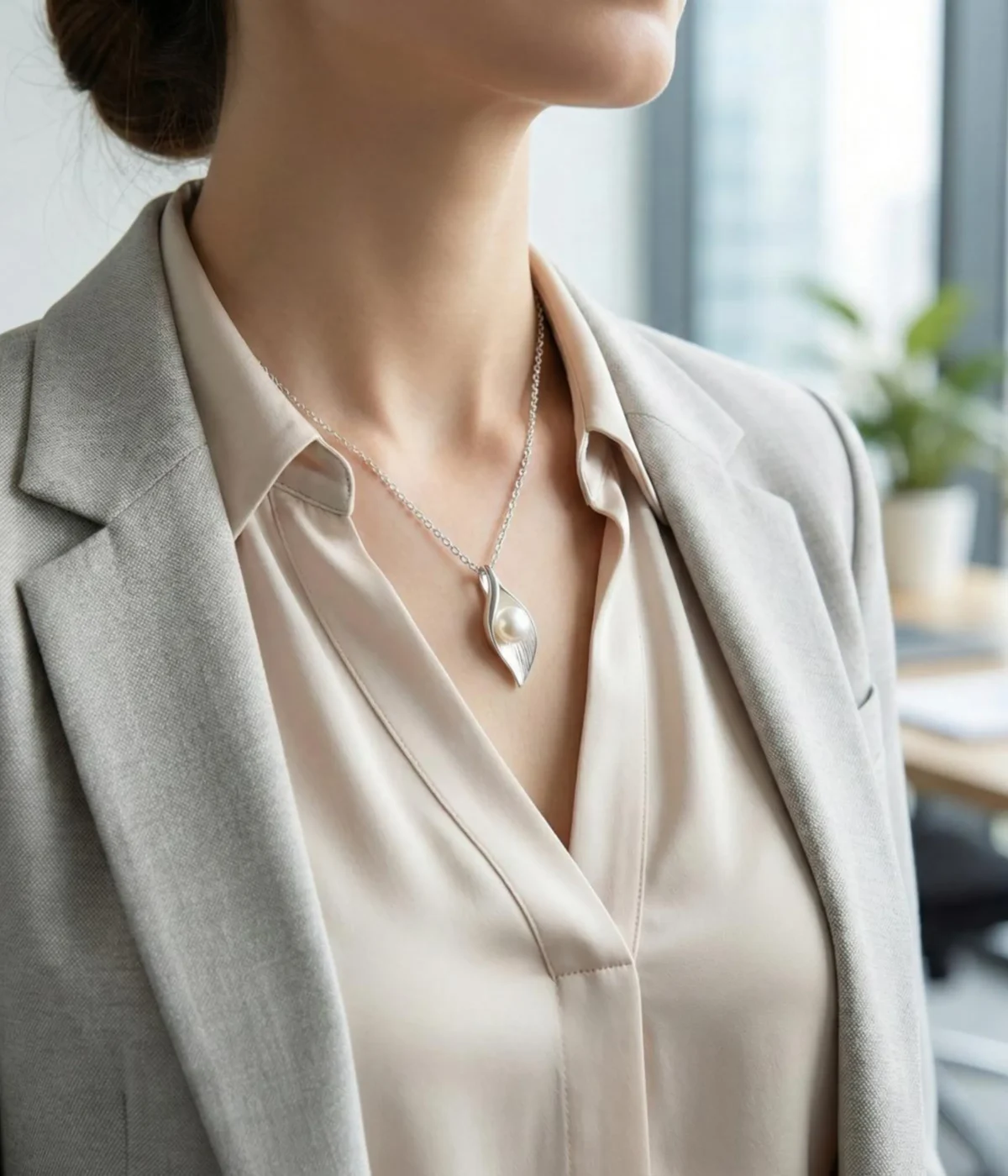 Silver plated necklace with pearl in leaf shaped pendant on delicate chain