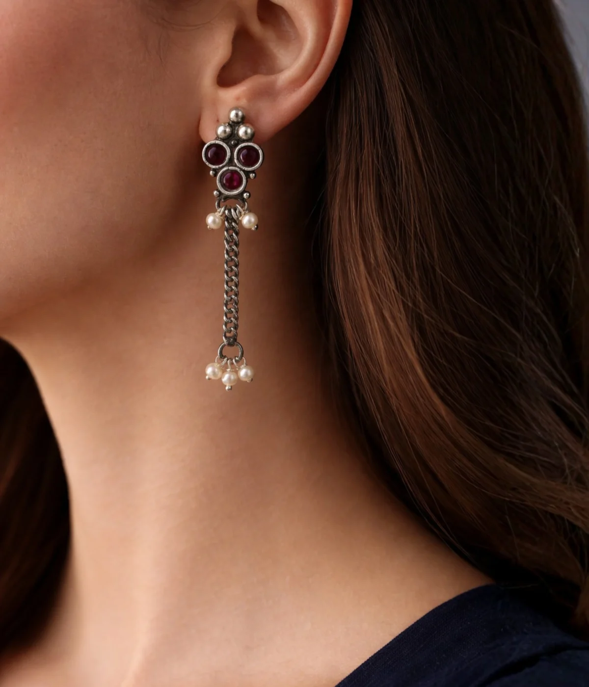 Red Stone Oxidised Silver Necklace and Earring Set (A-233)