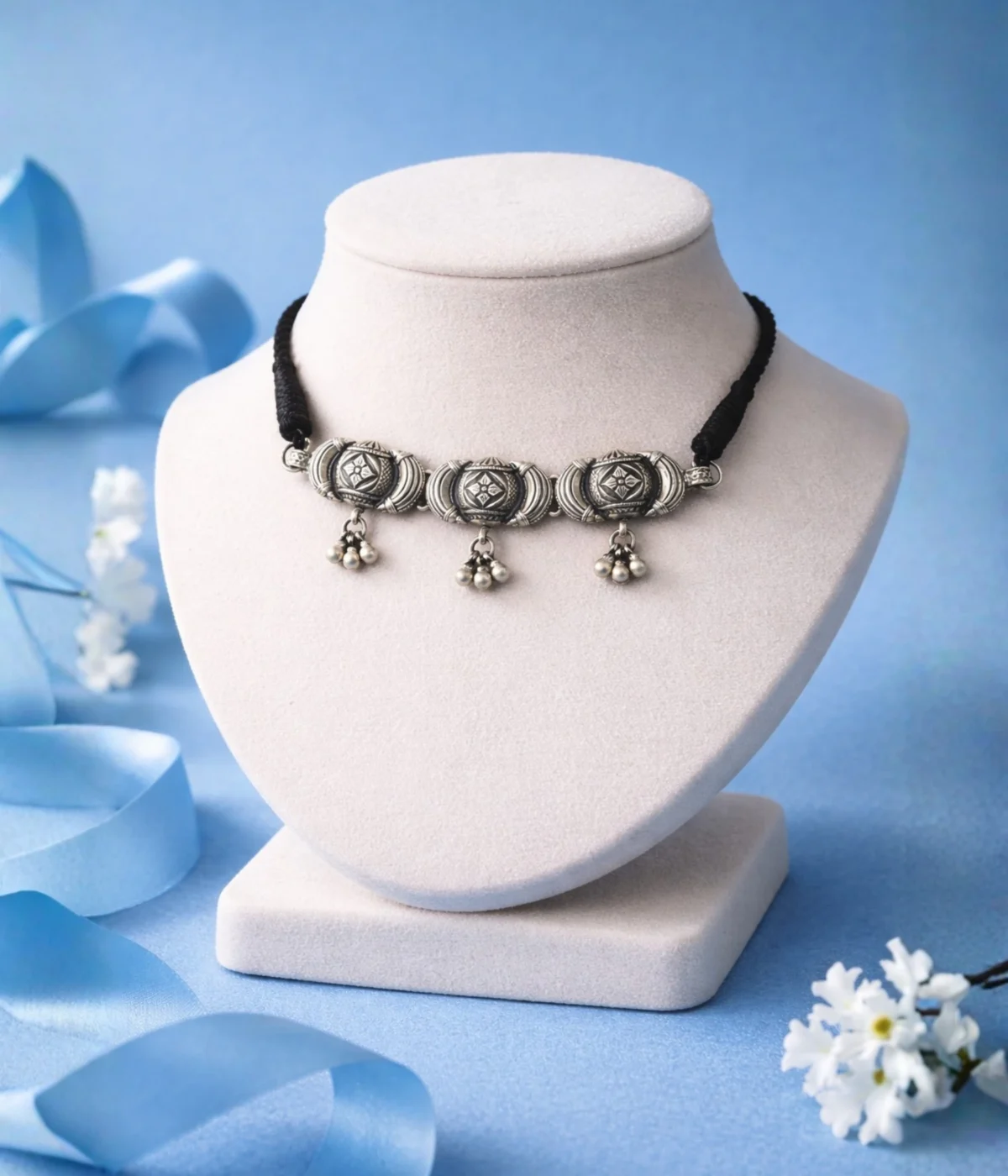 Trio Bloom Silver Ghungroo Choker Necklace (A-182)