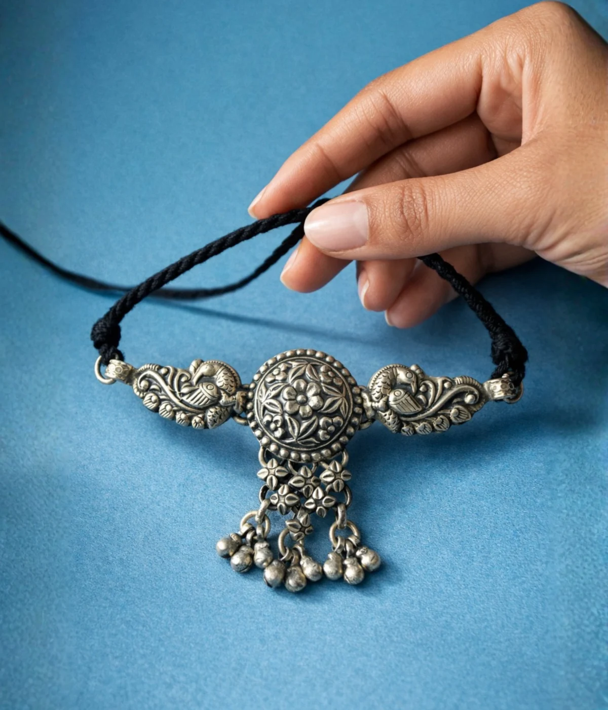 Mayura Pushpa Silver Choker Necklace | Peacock & Floral Motifs (A-180)