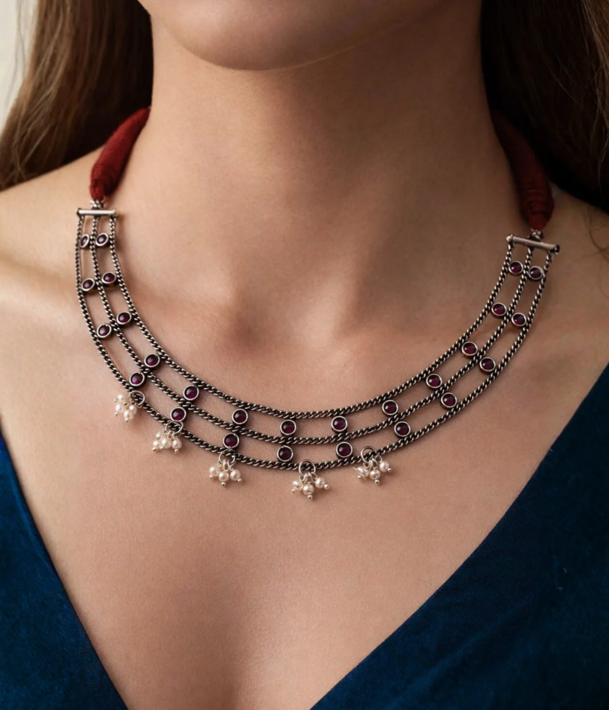 Red Stone Oxidised Silver Necklace and Earring Set (A-233)