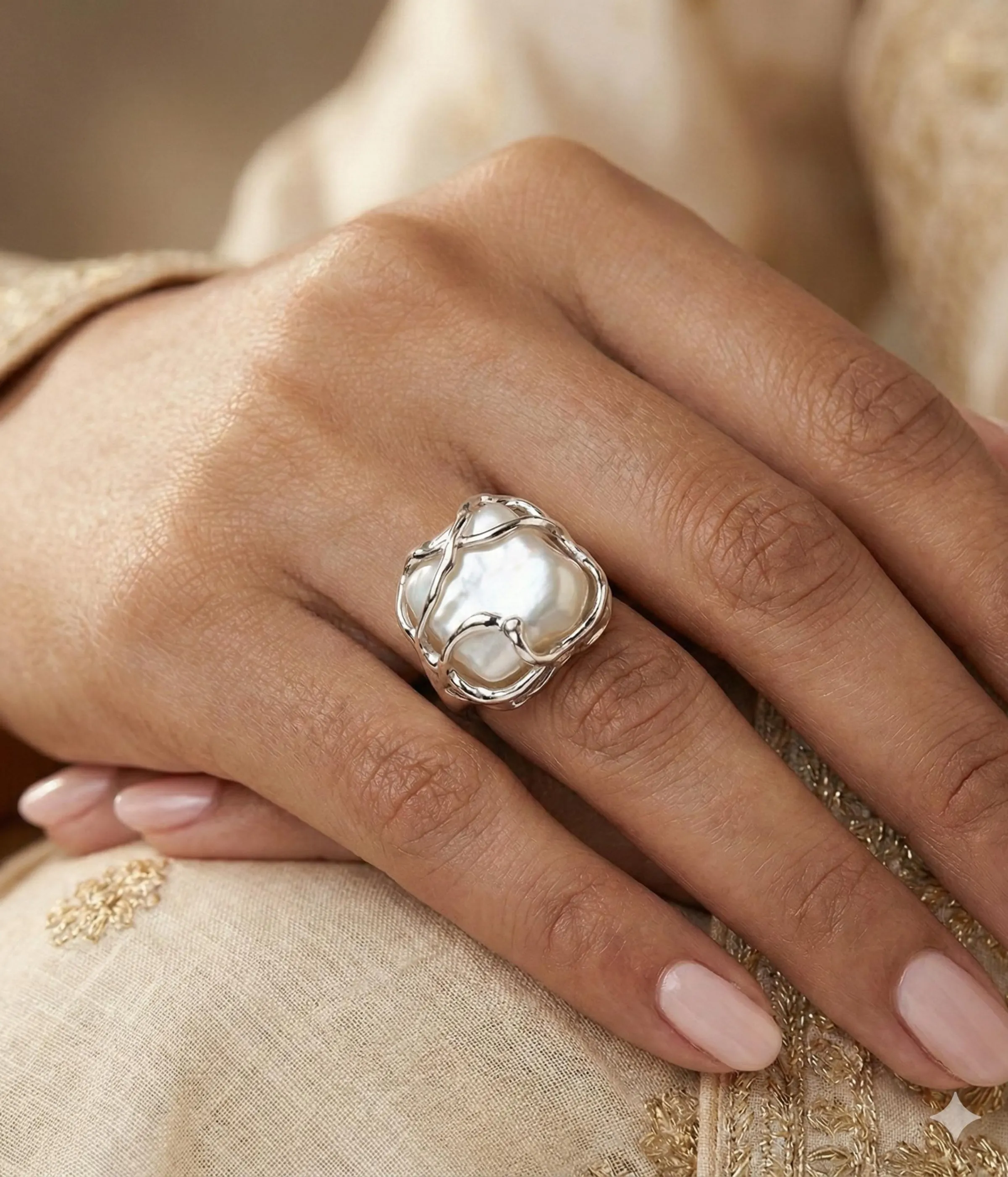 Gemini said A silver-plated statement ring featuring a large, irregular baroque pearl encased in an organic, molten-style vine setting with a high-shine polished finish.