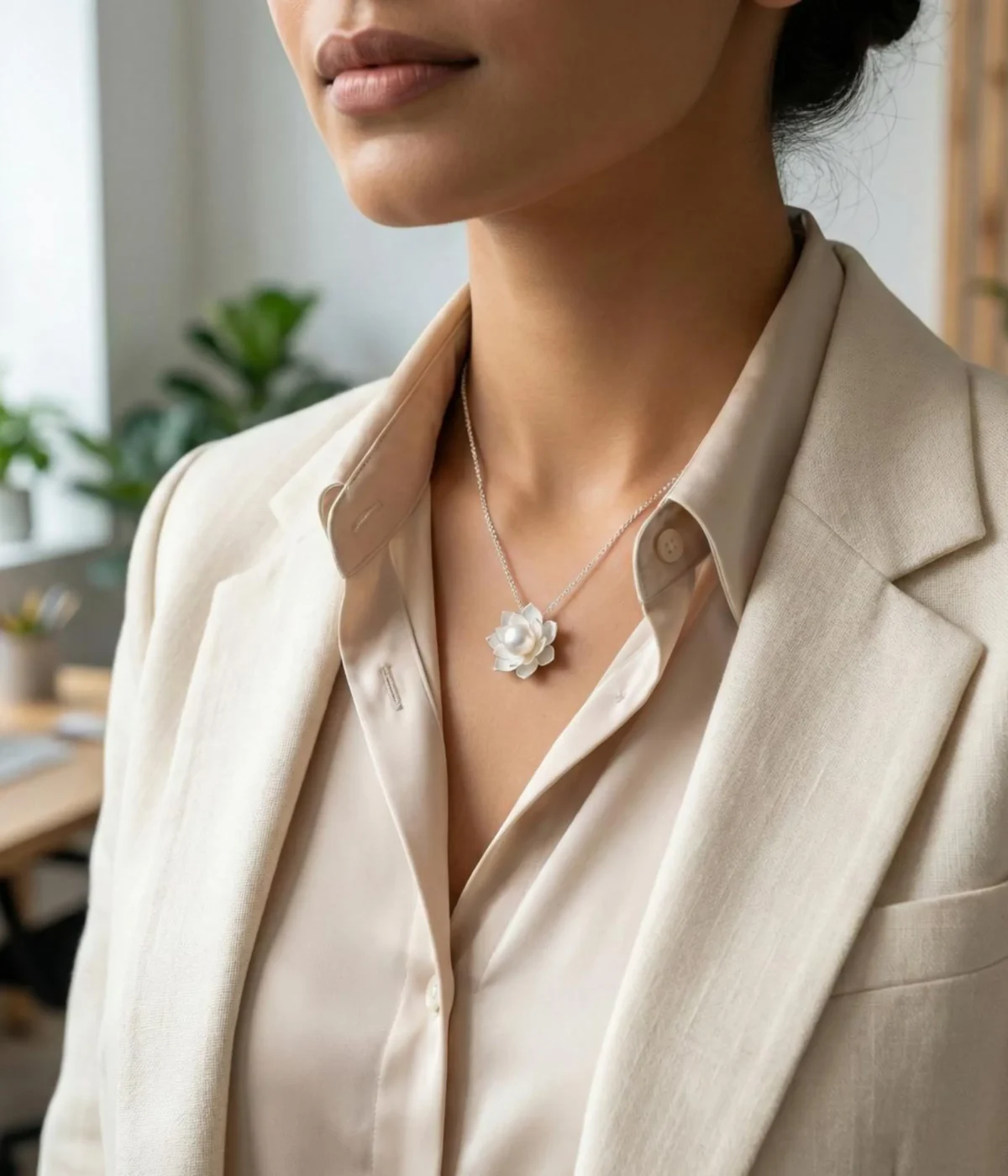 A close-up shot of a silver-plated lotus flower pendant featuring intricate, brushed-metal petals layered around a single, luminous white pearl, displayed on a soft cream jewelry cushion.